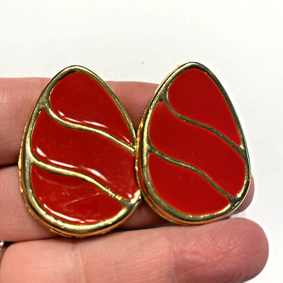 Red Shoe Clips Vintage 1980's Chunky Goldtone & Enamel Finish Egg Shaped Ovals - Picture 6 of 7